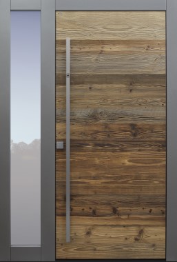 Haustür modern, Holz, Fichte, Altholz Fichte, Altholz, Sicherheitstür, passivhaustauglich, besser als Alu, Glas, Seitenteil, Fingerprint